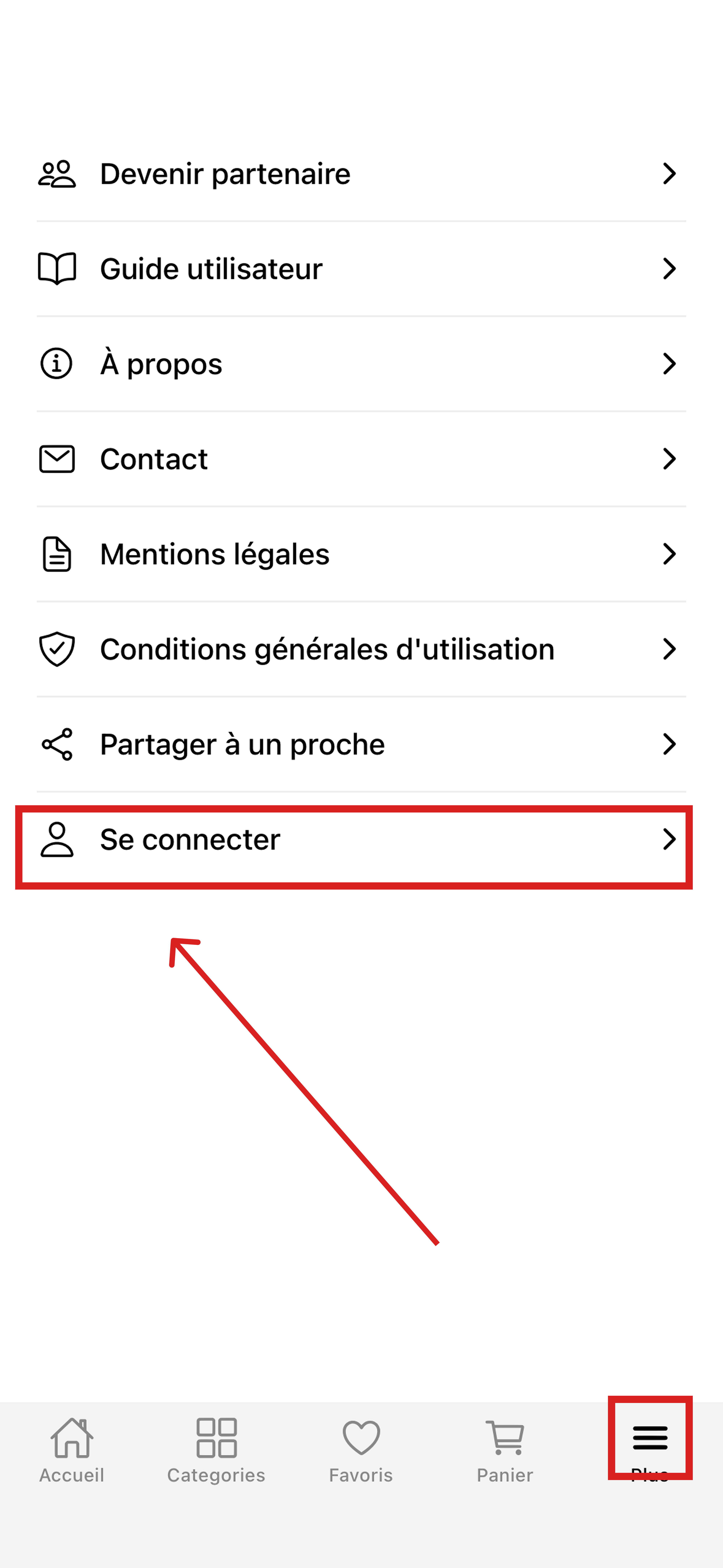 Connexion depuis le menu Plus