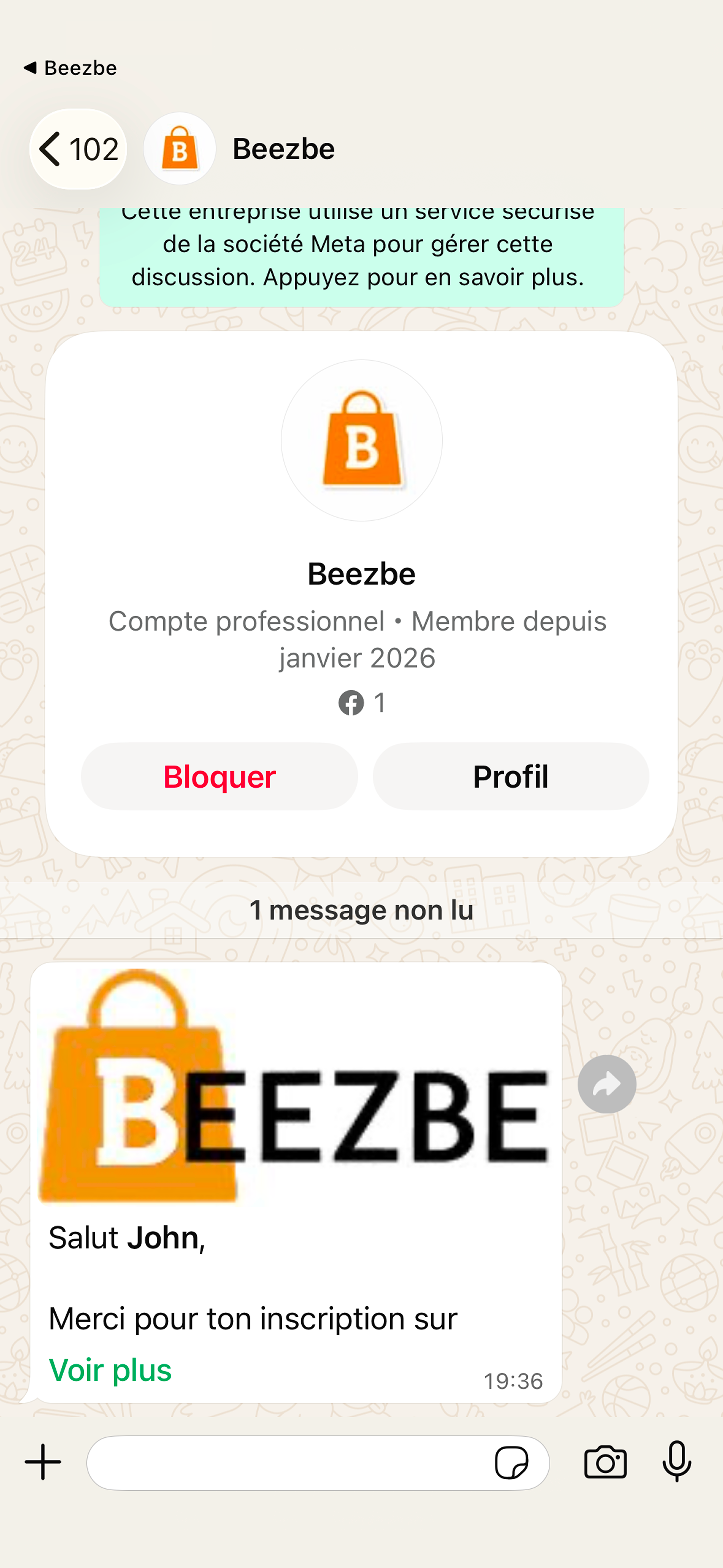 Message de bienvenue reçu
